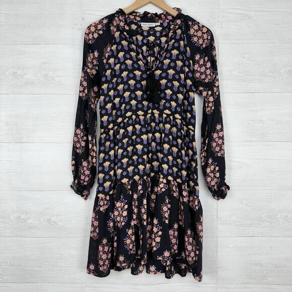 Roller Rabbit Janni Madigan Peasant Dress XS Black Floral Print Boho Whimsygoth - Picture 1 of 15